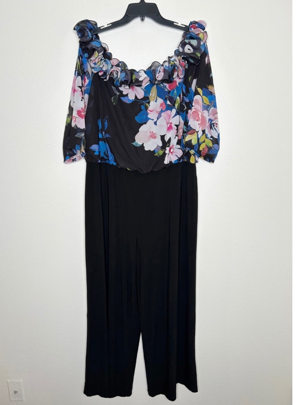 Adrianna Papell Womens Black Blue Floral Off-Shoulder Wide Leg Jumpsuit Size 14W
